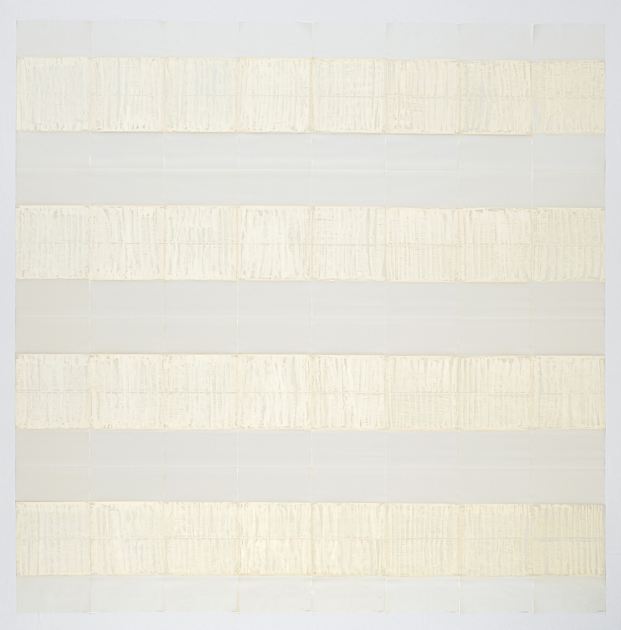 Michel Parmentier, <i>26 mars 1991</i>, 1991. Oil bar blanc applied flat, vertically, on tracing paper, 7 alternating horizontal bands, 38 cm wide (4+3) and, at the top and the bottom, 2 partial unpainted bands of 19 cm. 304 x 300 cm. Eli and Edythe Broad Art Museum, Michigan State University, Purchase. © ADAGP, Paris. The Estate of Michel Parmentier. AMP - Fonds Michel Parmentier, Bruxelles. Courtesy Galerie Loevenbruck, Paris. Photo: Philippe de Gobert