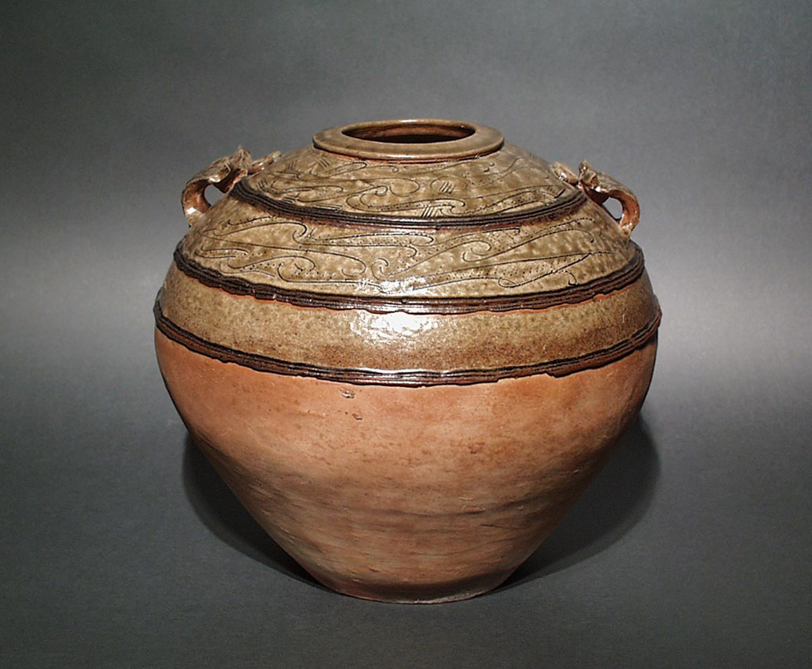 Chinese, Han Dynasty, <i>Globular Hu Storage Jar with Stylized Décor</i>, 1st century BC–1st century AD. Eli and Edythe Broad Art Museum, Michigan State University, MSU purchase, funded by the Nellie M. Loomis Endowment in memory of Martha Jane Loomis.