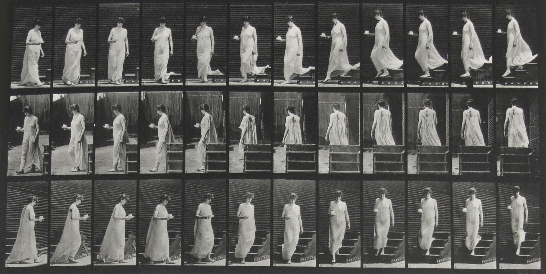 Eadweard Muybridge, Descending stairs, turning, cup and saucer in right hand, from the series <i>Animal Locomotion</i>, 1887. Eli and Edythe Broad Art Museum, Michigan State University, MSU purchase.
