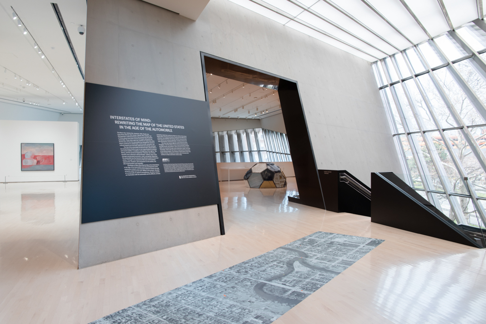 <i>InterStates of Mind: Rewriting the Map of the United States in the Age of the Automobile</i> installation view at the Eli and Edythe Broad Art Museum at Michigan State University, 2020. Photo: Eat Pomegranate Photography.